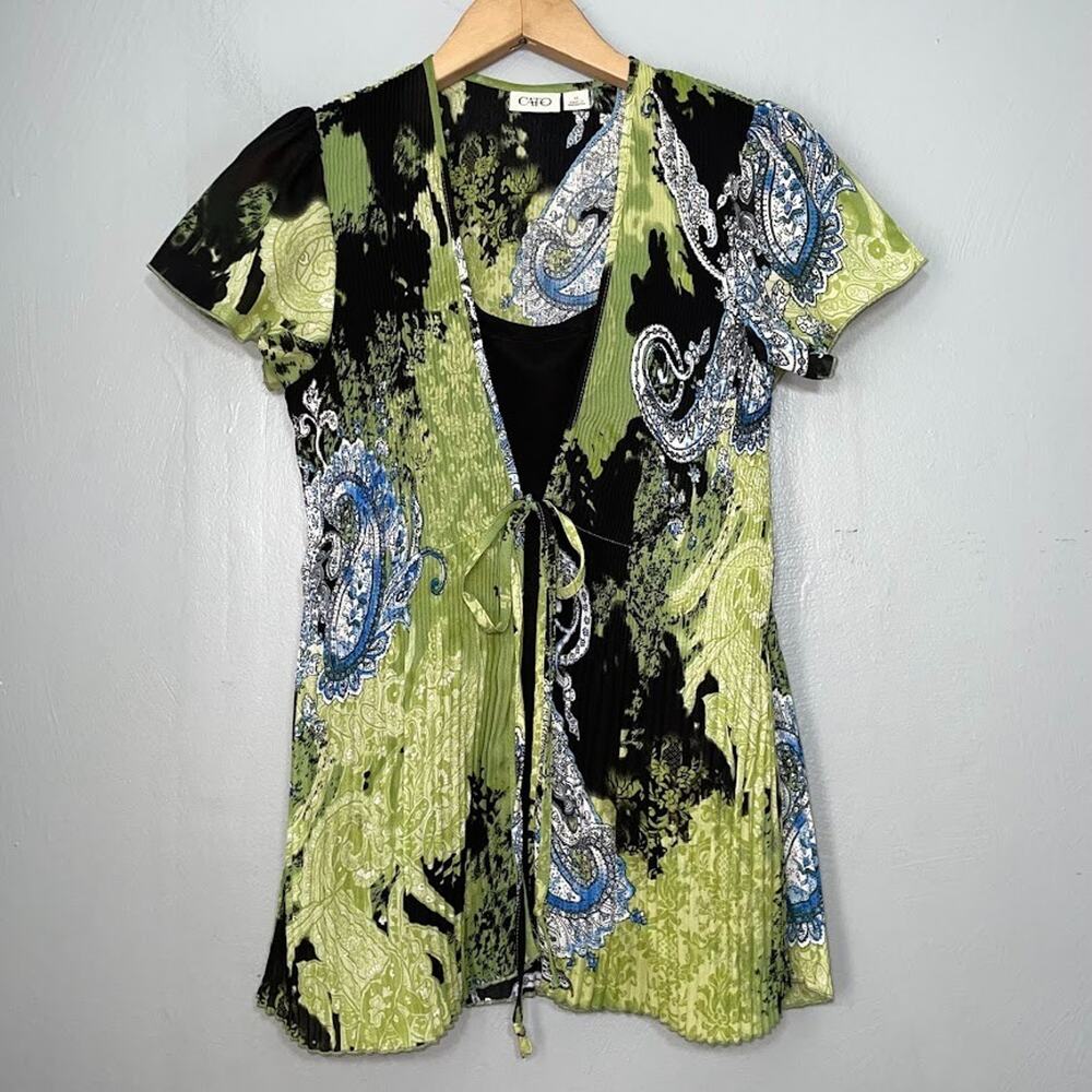 Artsy Fairy Blouse Size Medium Boho Accordion Pleated Tie Front Layered Top Y2K